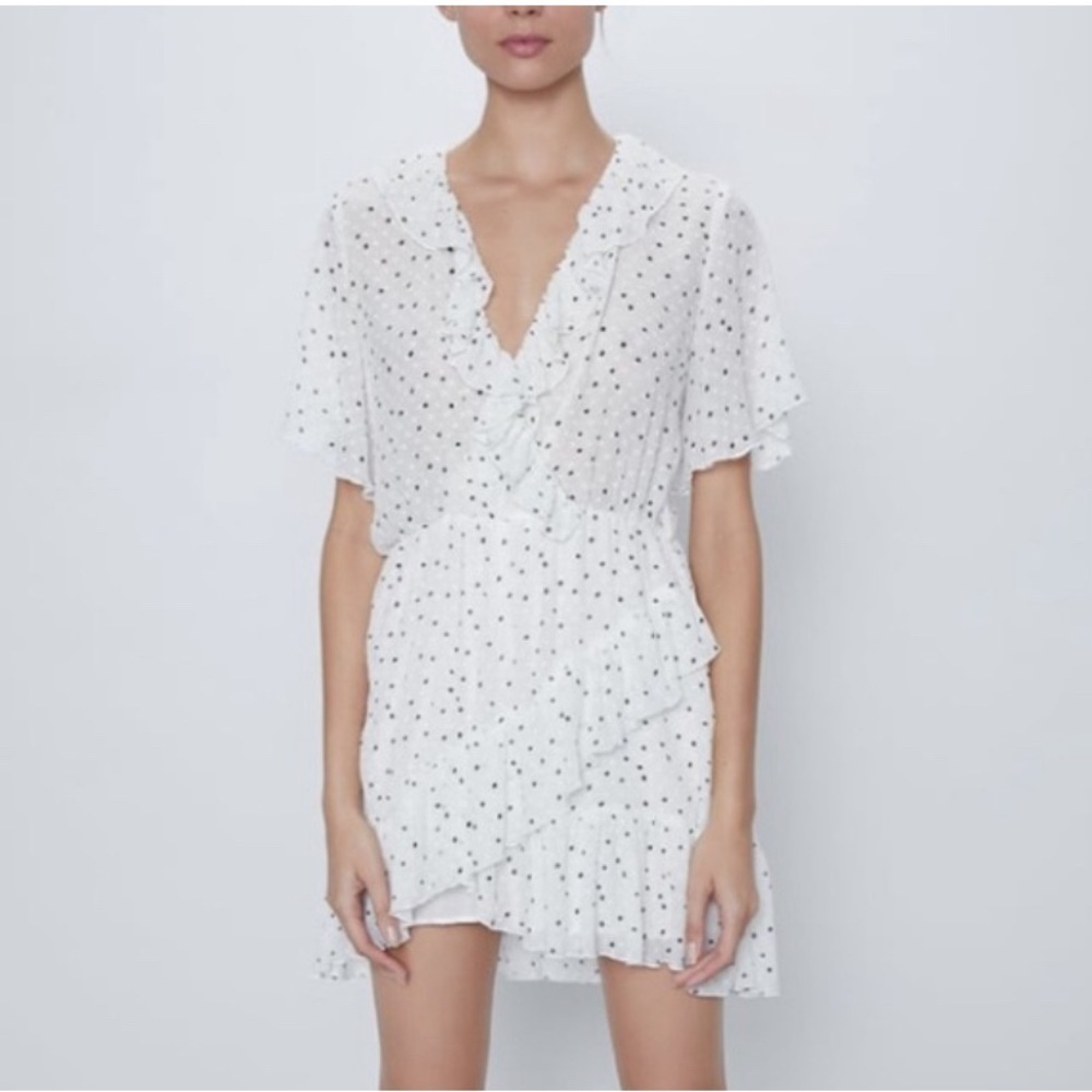 Zara White Black Polka Dot Ruffle Wrap Romper Size M